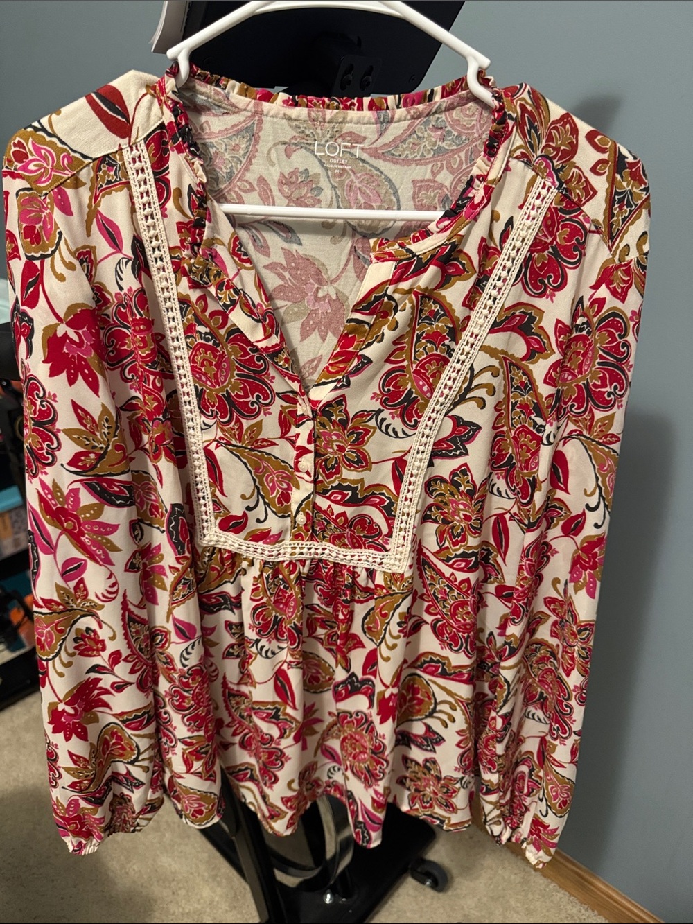 LOFT Cream Blouse with Pink and Red Paisley Floral Print